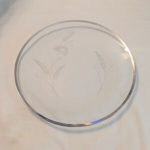 50s Wildflower Etched Glass Round Silver Rimmed Cake Plate Platter 11.75"